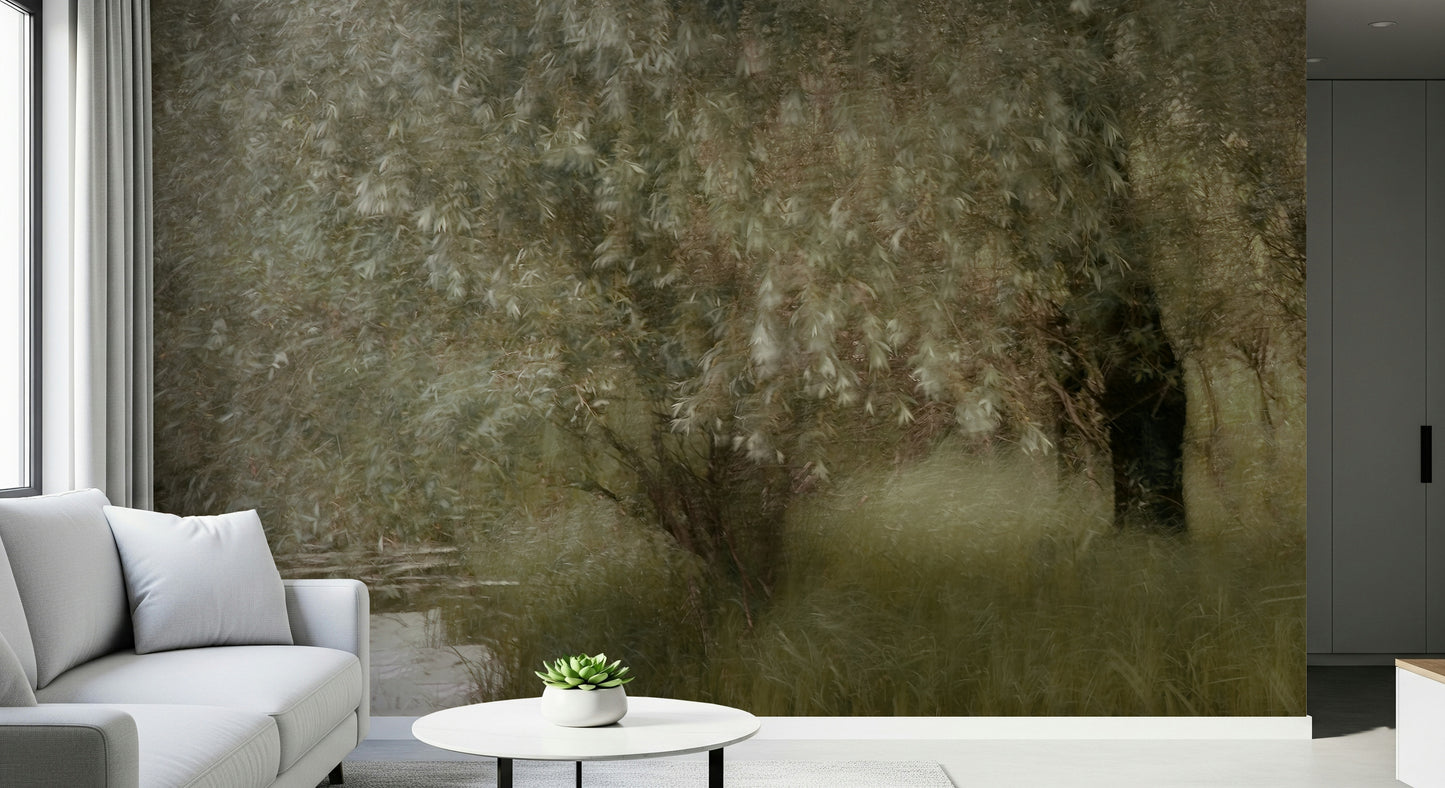 A beautiful modern art wall mural of weeping willow branches.