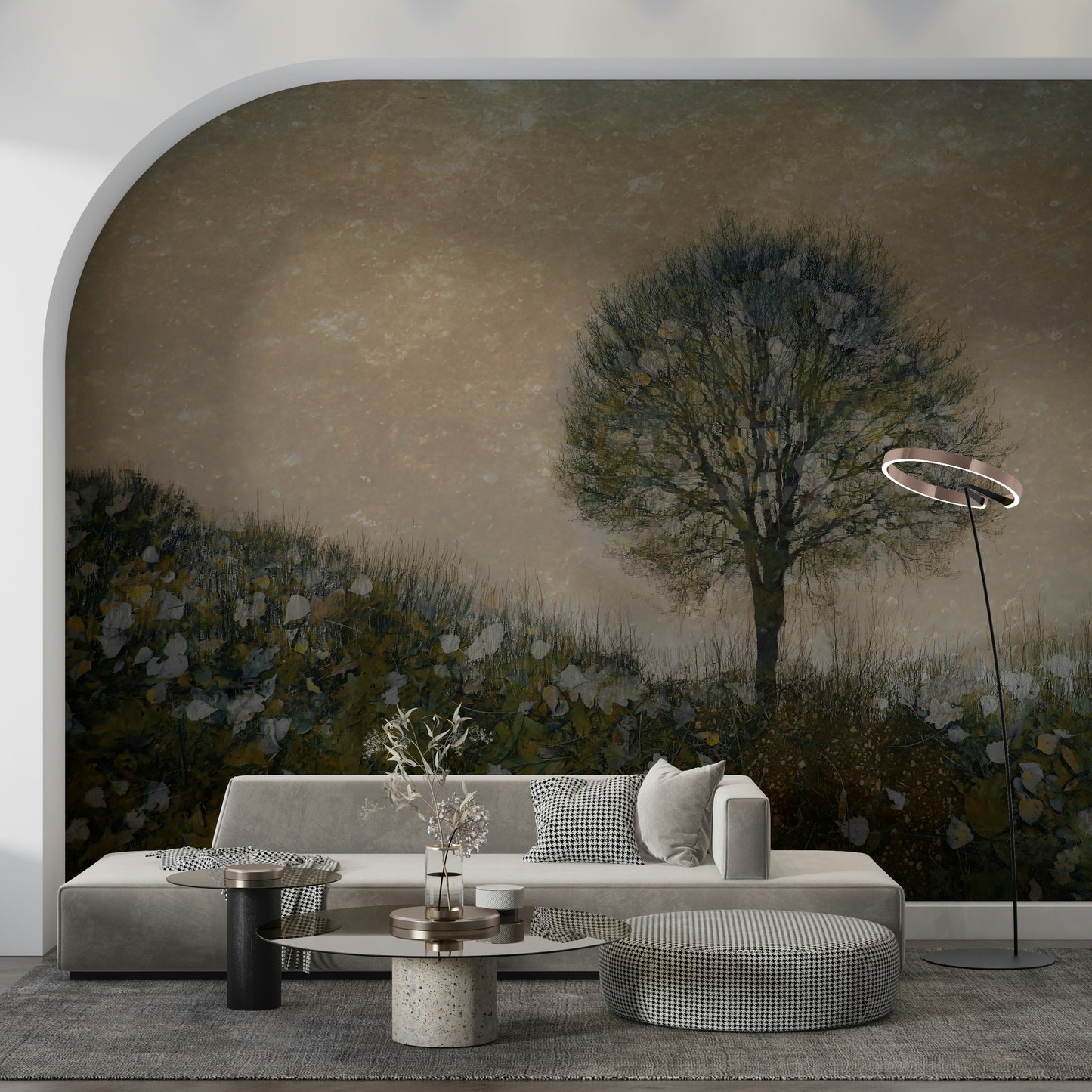 A beautiful autumnal dream wallpaper mural with soft, misty forest trees.