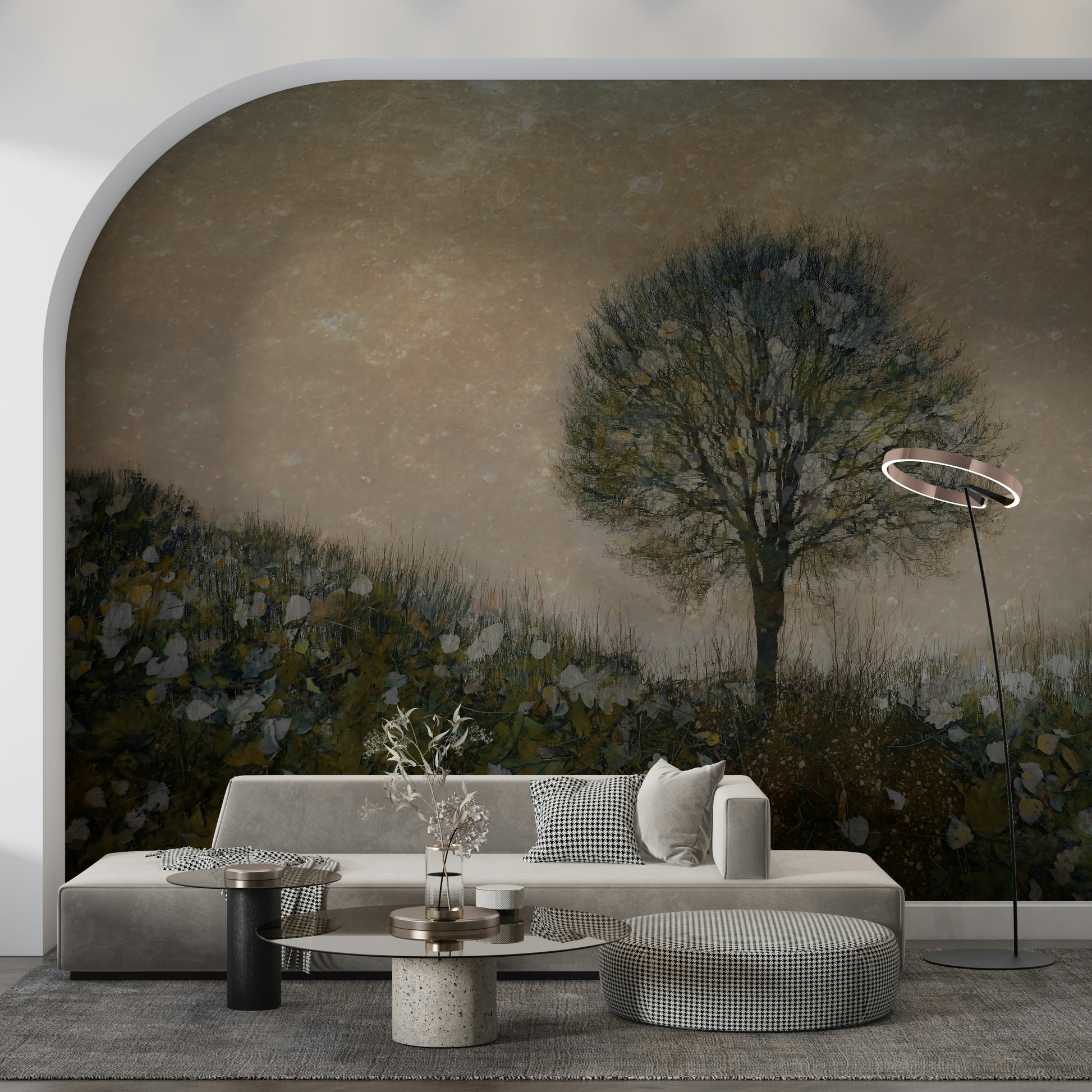 A beautiful autumnal dream wallpaper mural with soft, misty forest trees.
