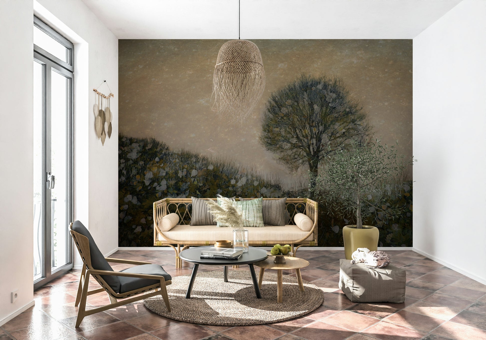 A calming serene forest wallpaper mural that defines a space.