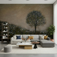 An artistic changing leaves mural on scenic wallpaper.