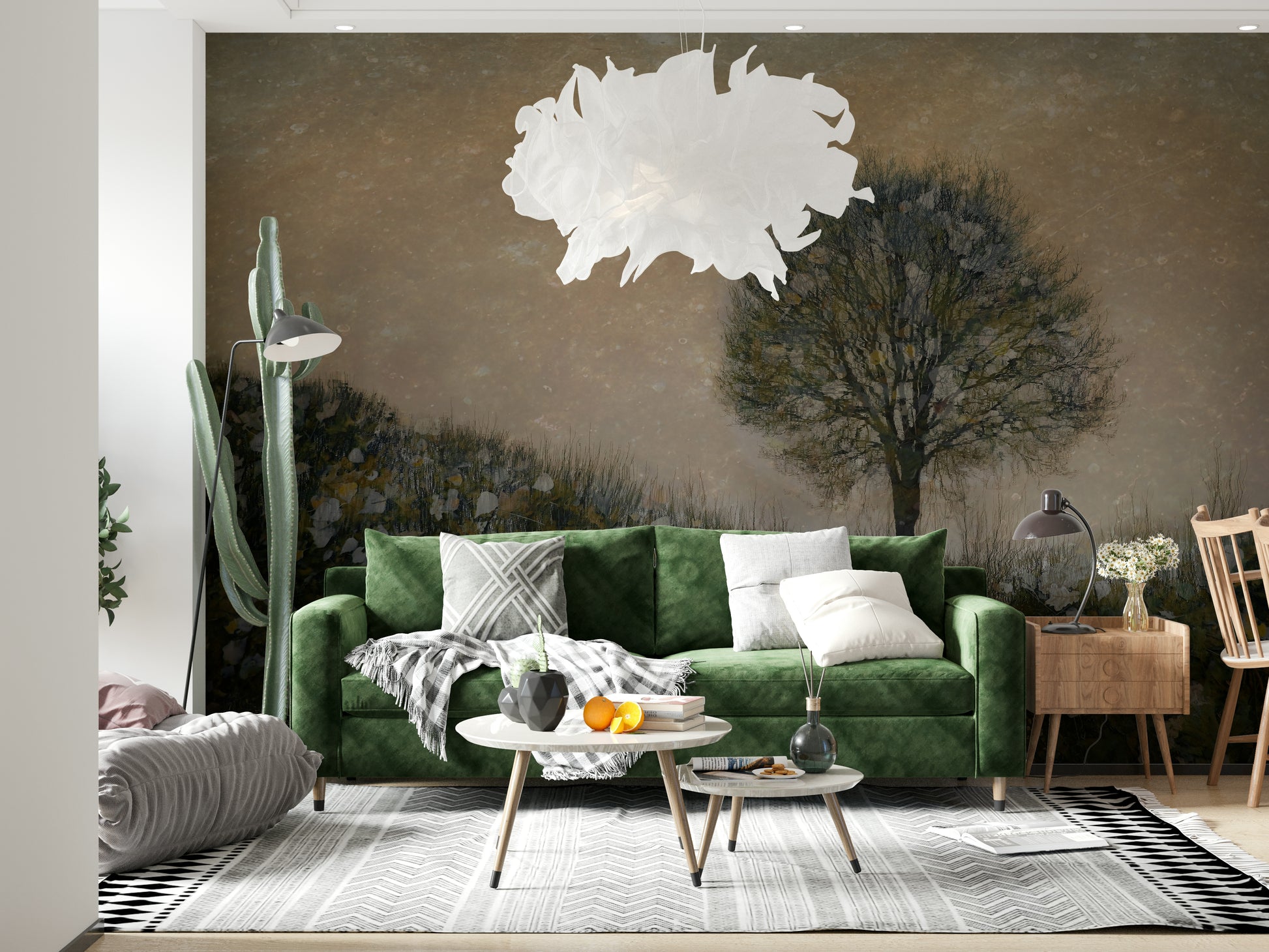 A peaceful woodland vista mural on decorative wallpaper.