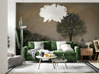 A peaceful woodland vista mural on decorative wallpaper.