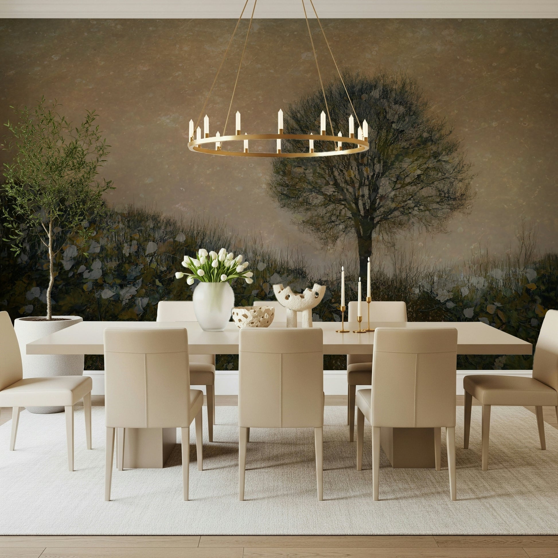 A contemplative misty woods wallpaper mural for a feature wall.
