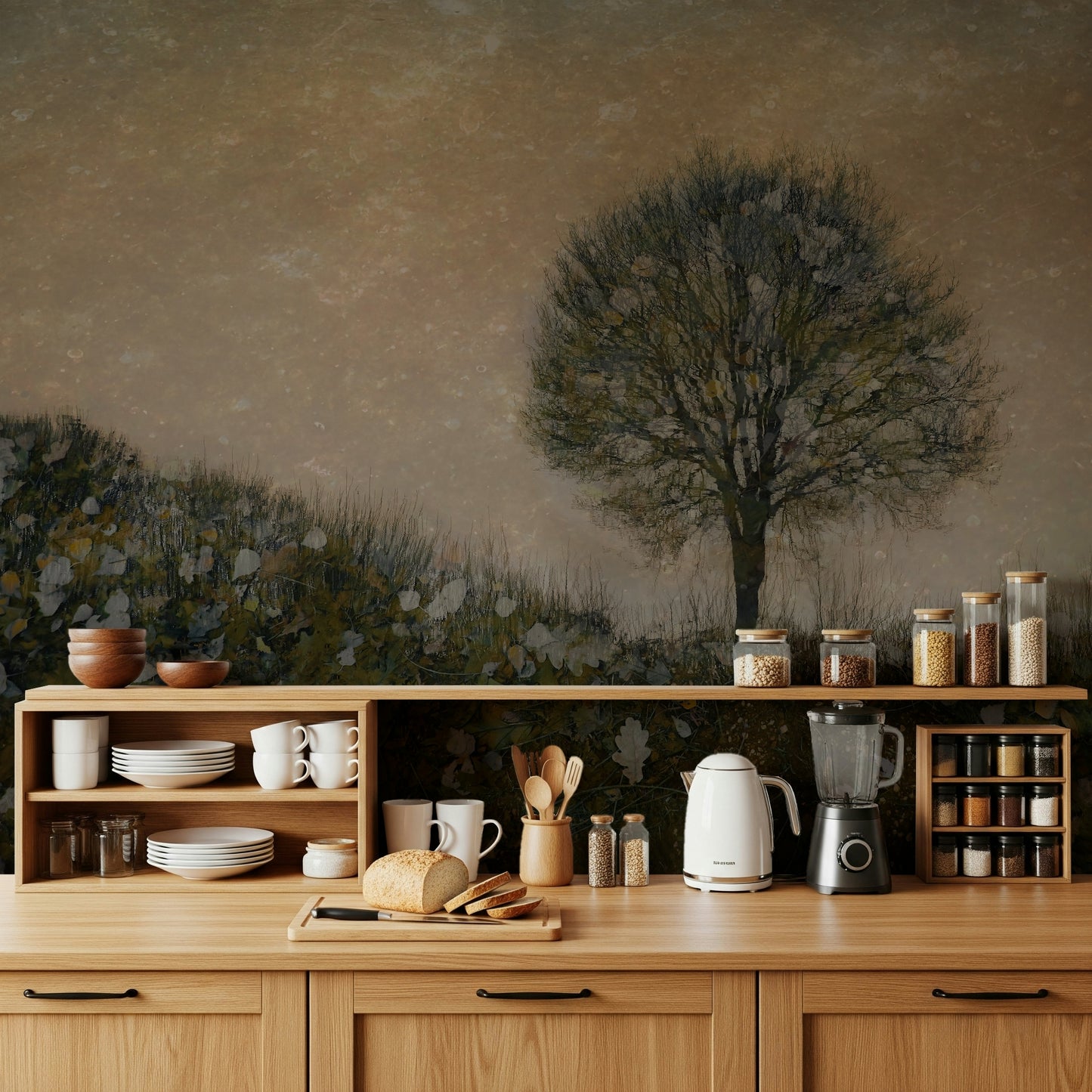 A serene fall forest wall mural for cozy decor.