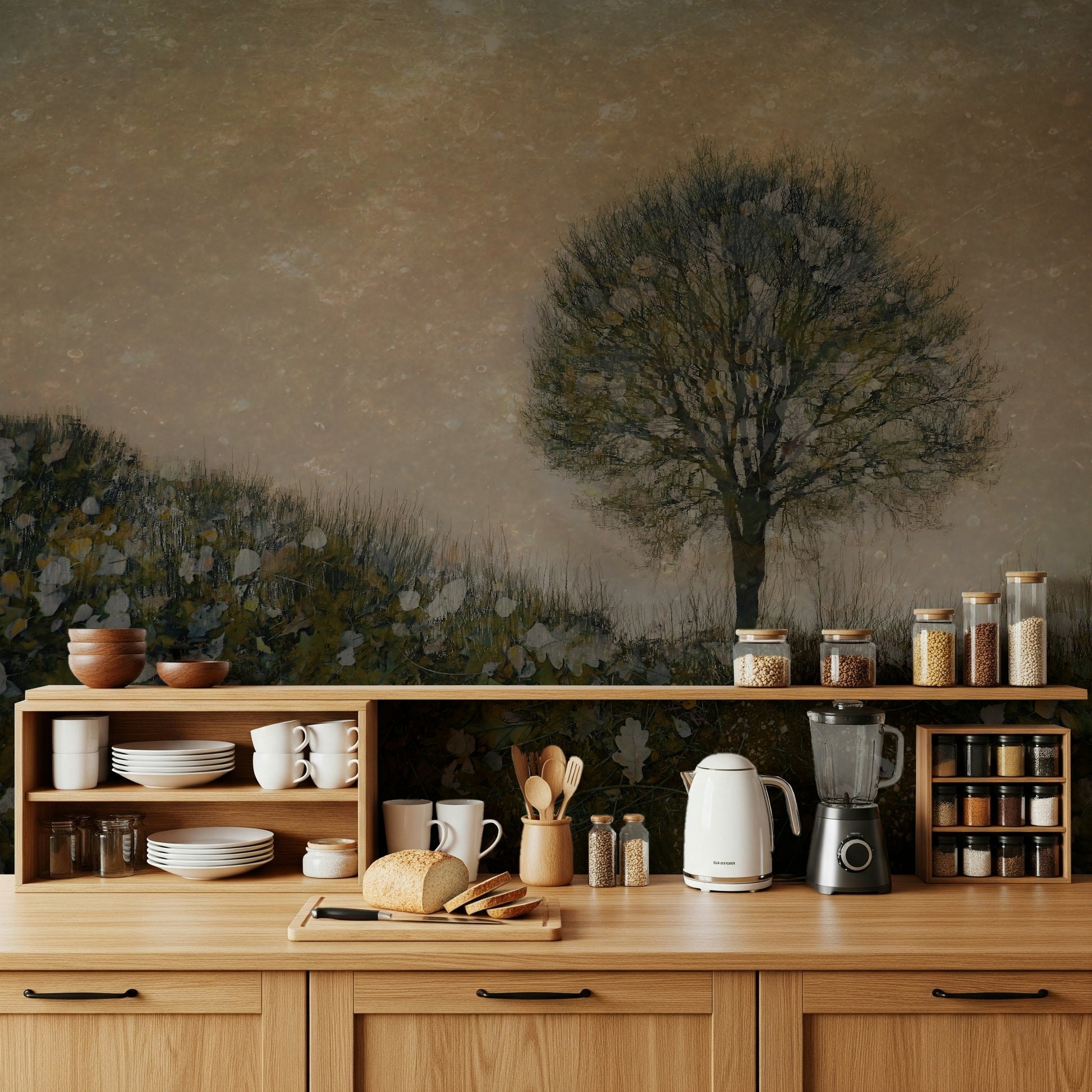 A serene fall forest wall mural for cozy decor.