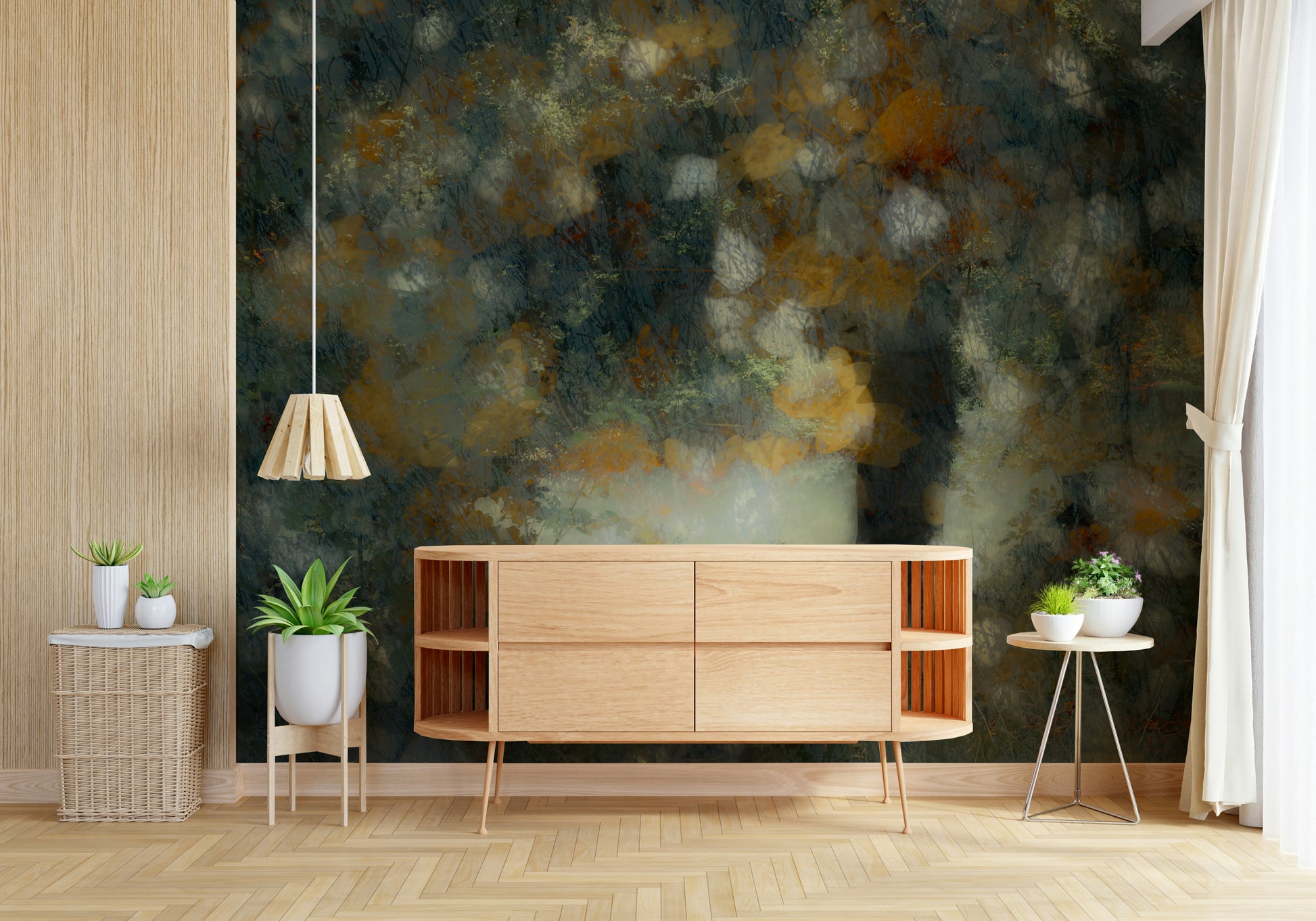 A calming serene forest wallpaper mural that defines a space.