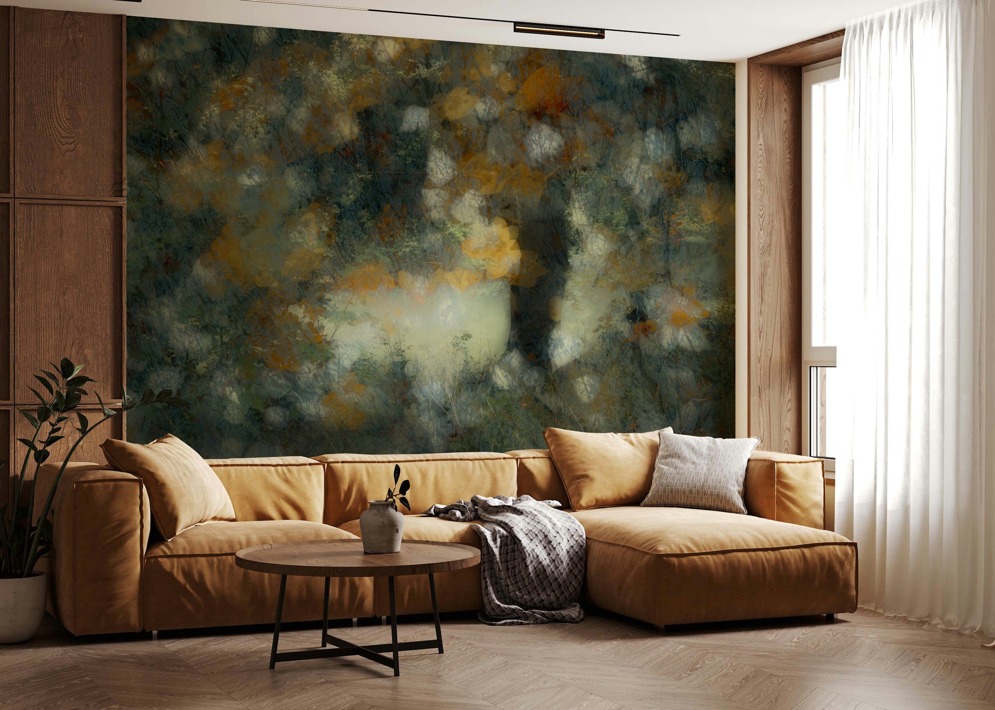 A graceful subtle light wall mural in warm, natural tones.