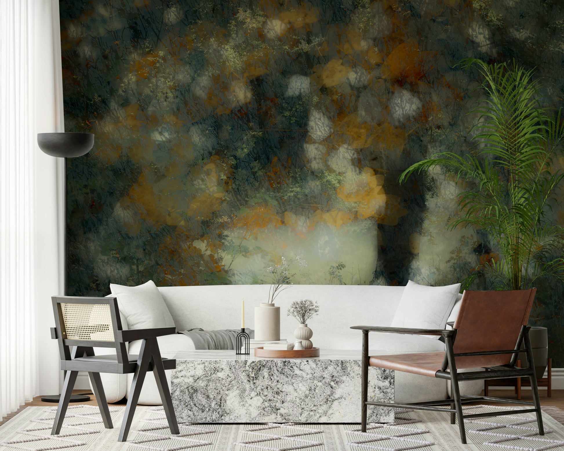 A peaceful woodland vista mural on decorative wallpaper.