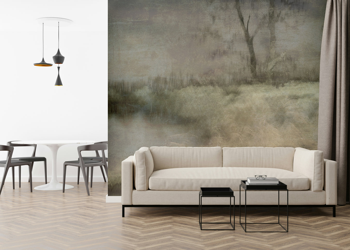 An artistic minimalist form mural for home decor.