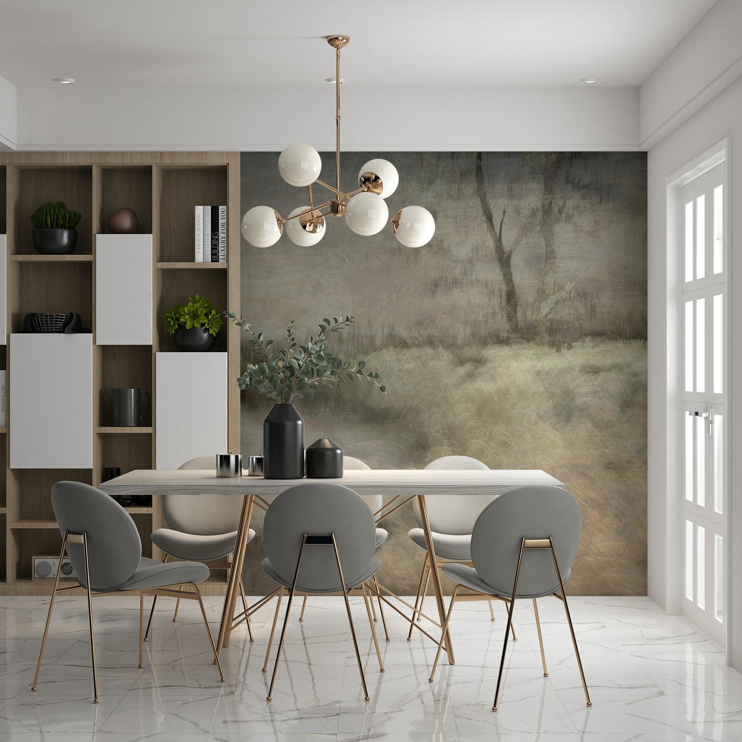 A beautiful subtle abstract wallpaper mural with ethereal, whispered light effects.