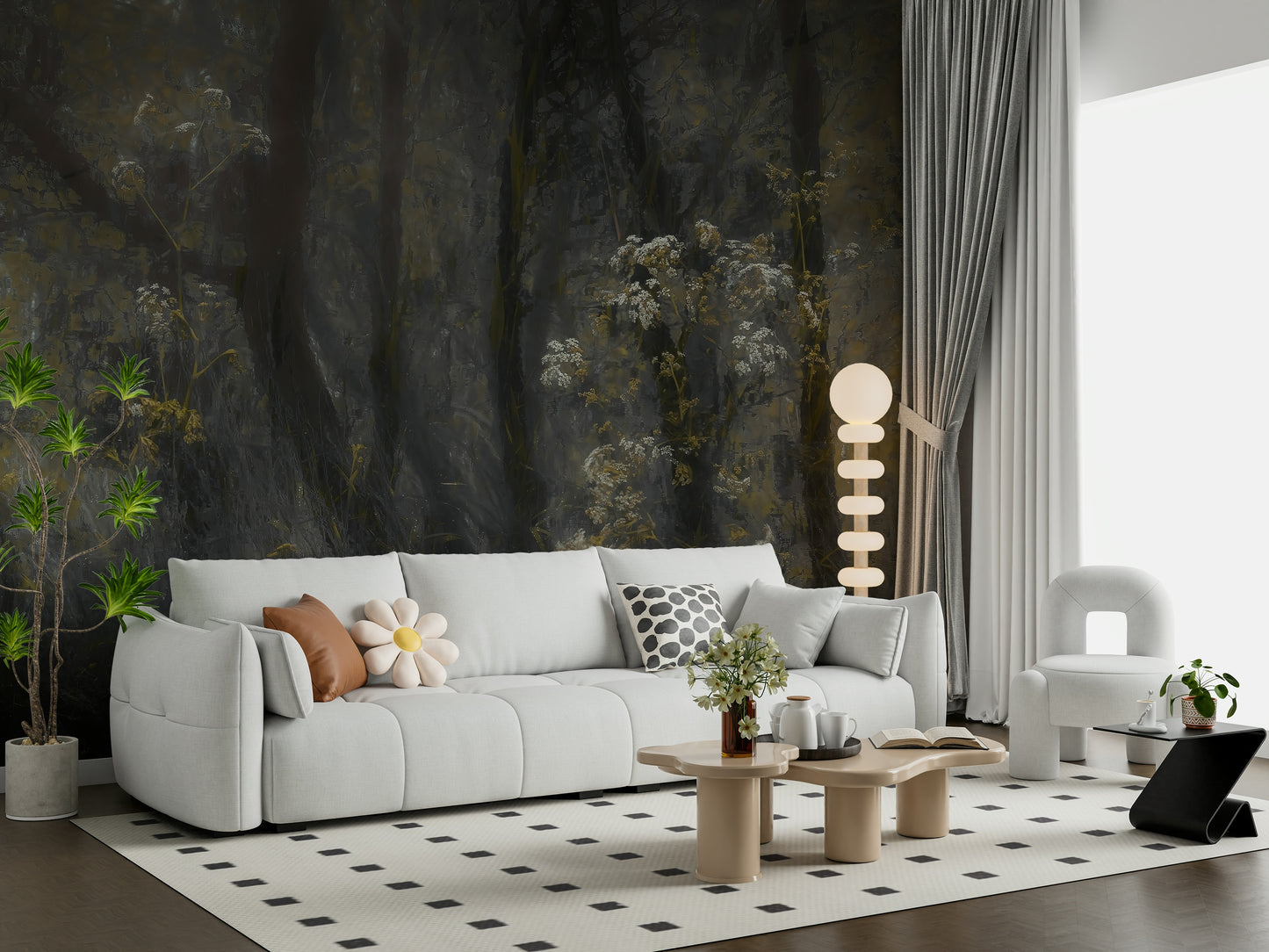 An artistic dreamy landscape mural on minimalist wallpaper.