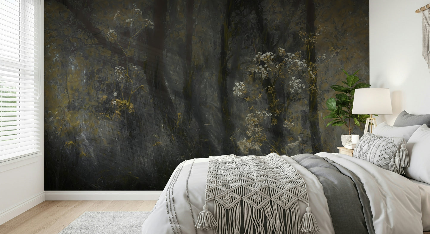 A beautiful ethereal forest wallpaper mural with subtle, misty light.