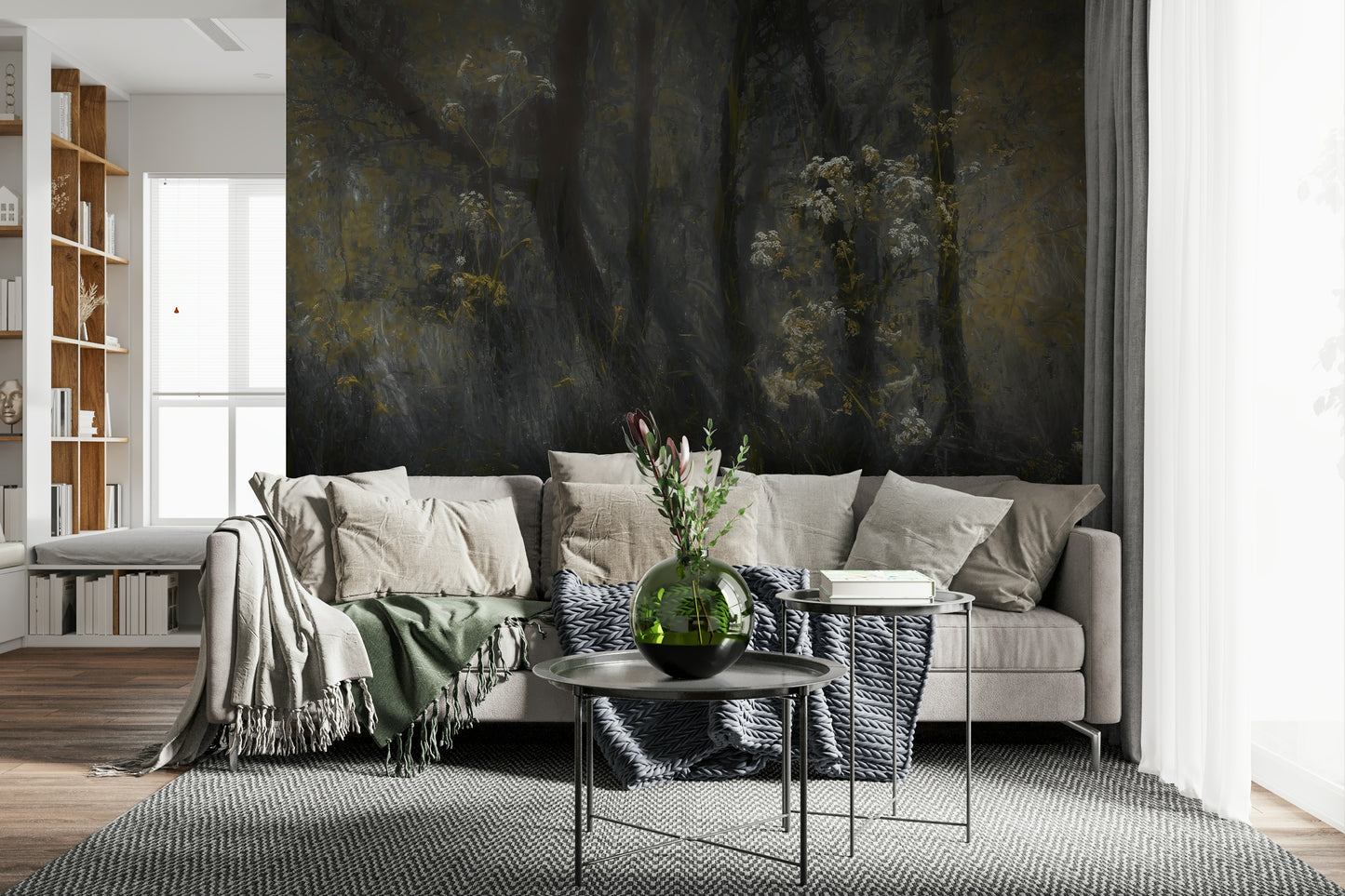 A contemplative misty forest wallpaper mural for a feature wall.