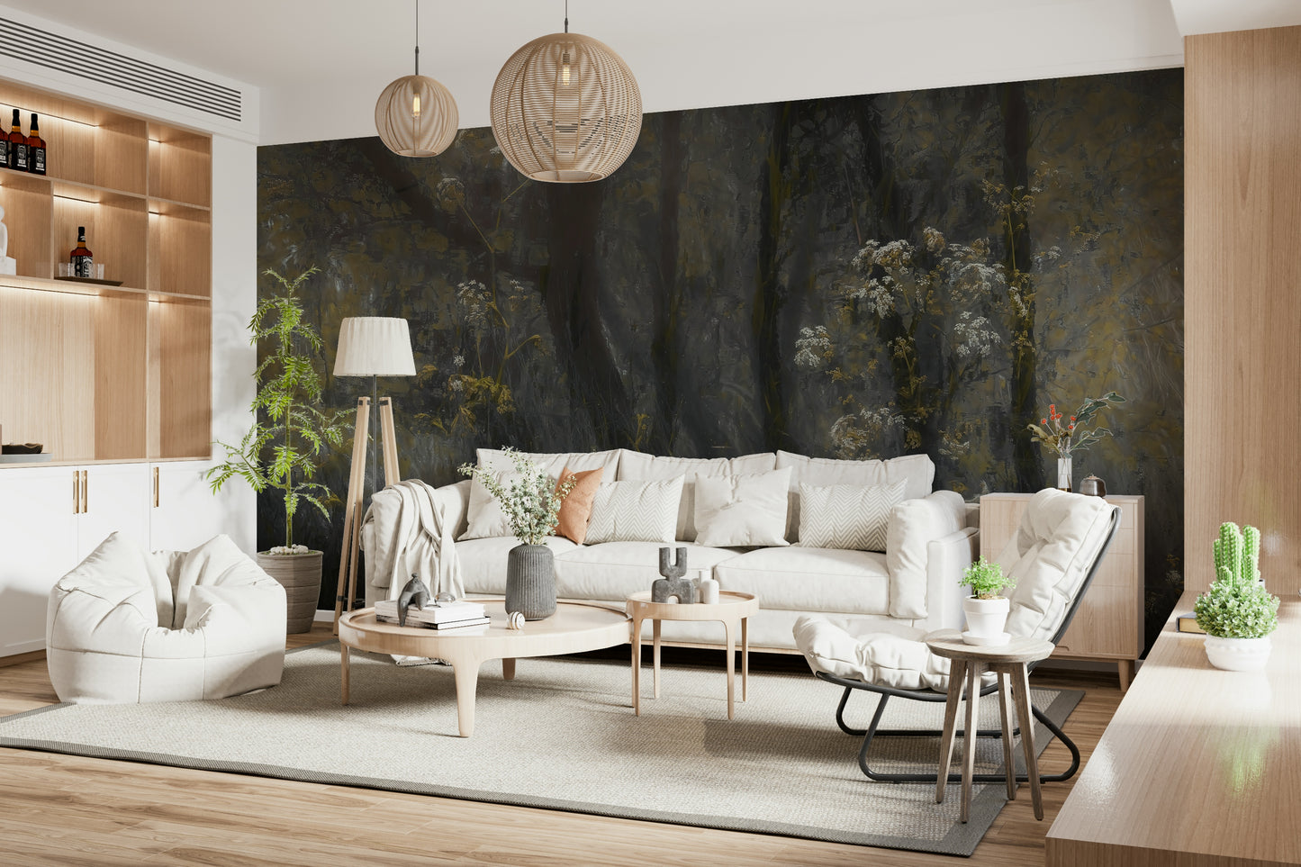 A graceful subtle light wall mural in cool, natural tones.