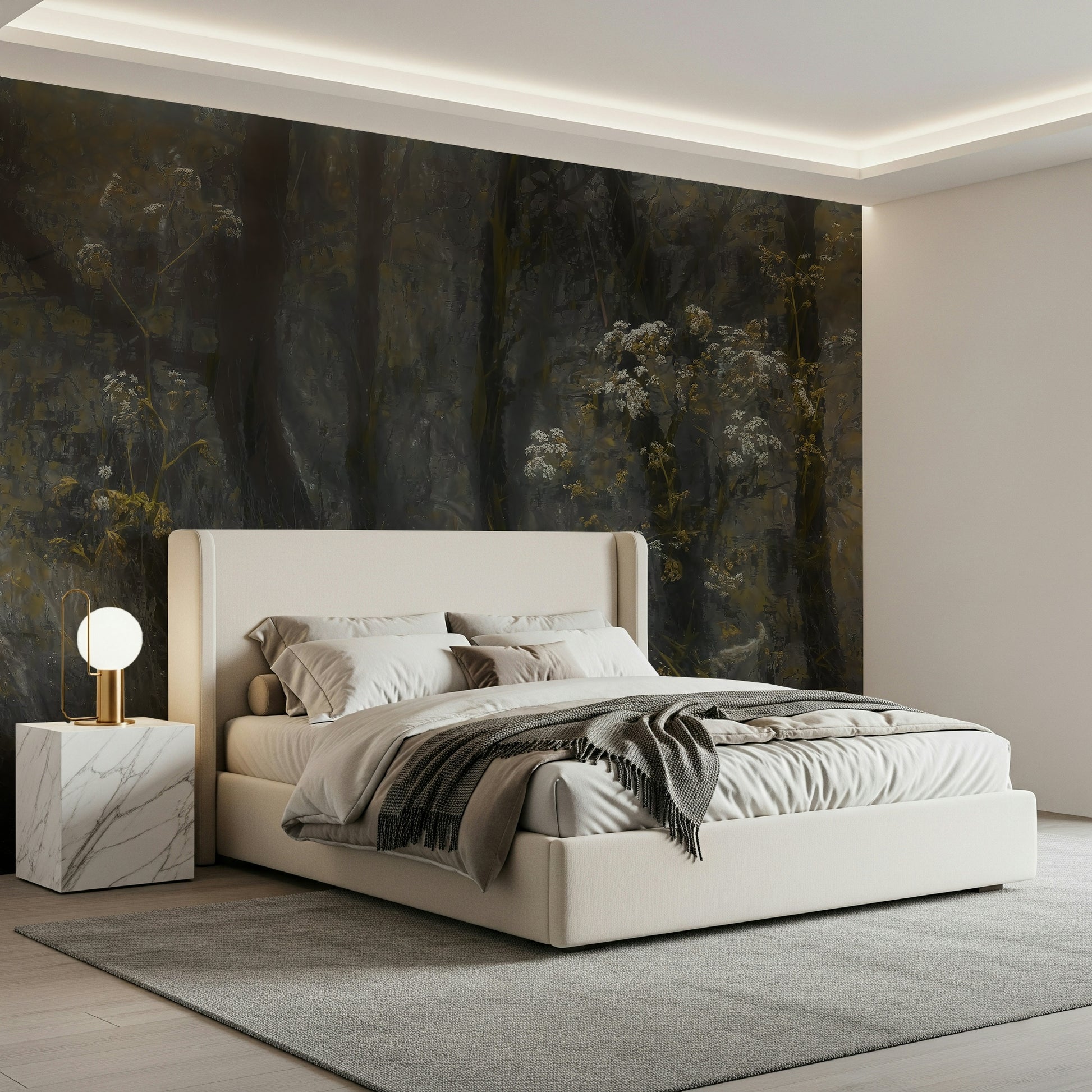 A peaceful woodland vista mural on decorative wallpaper.