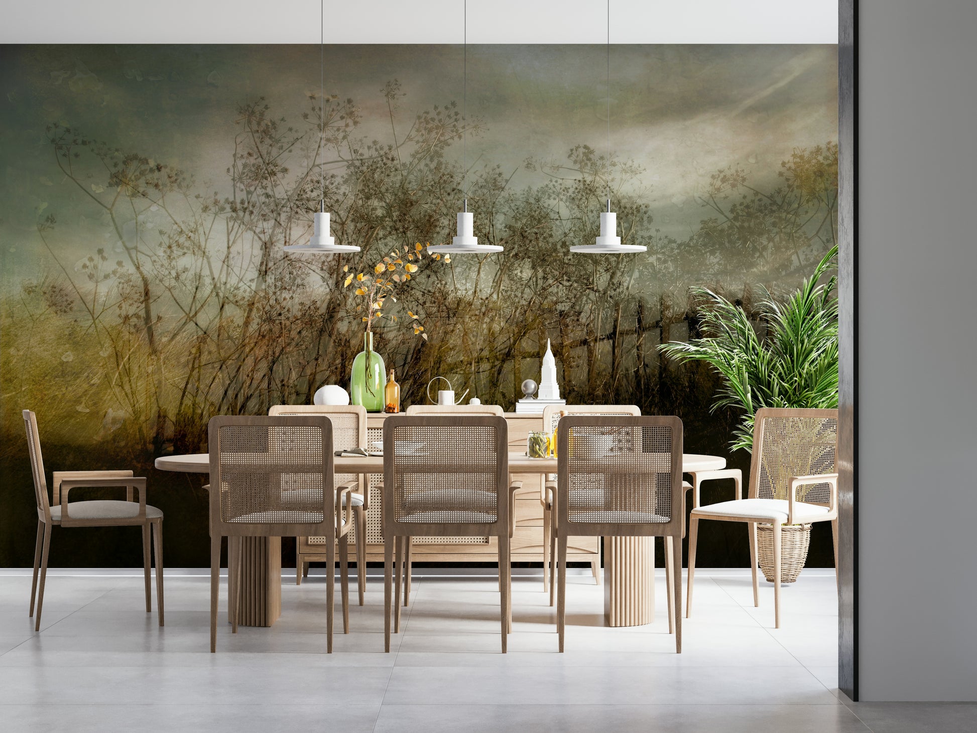 A graceful subtle pattern wall mural in cool, neutral tones.