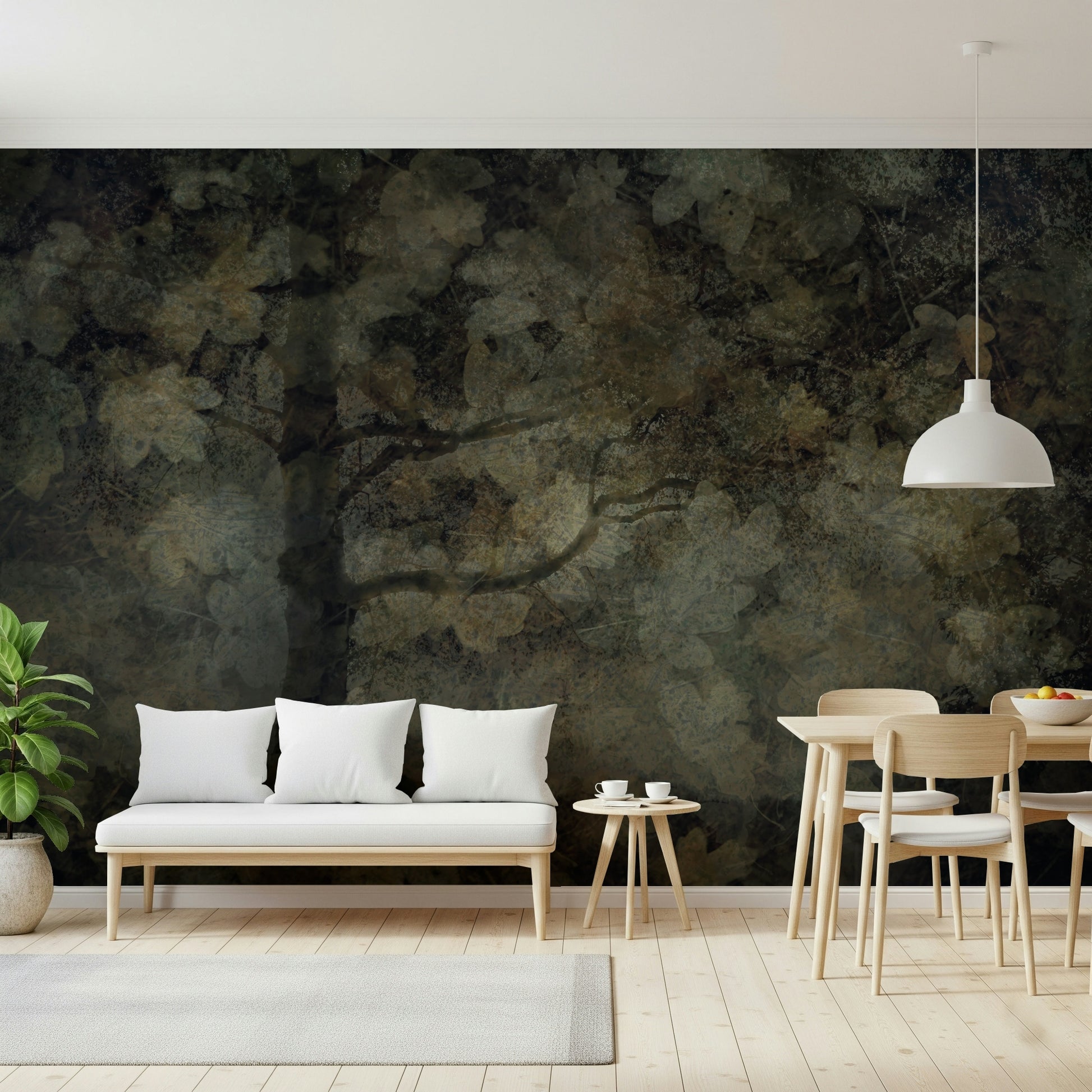 A calming serene forest wallpaper mural that defines a space.
