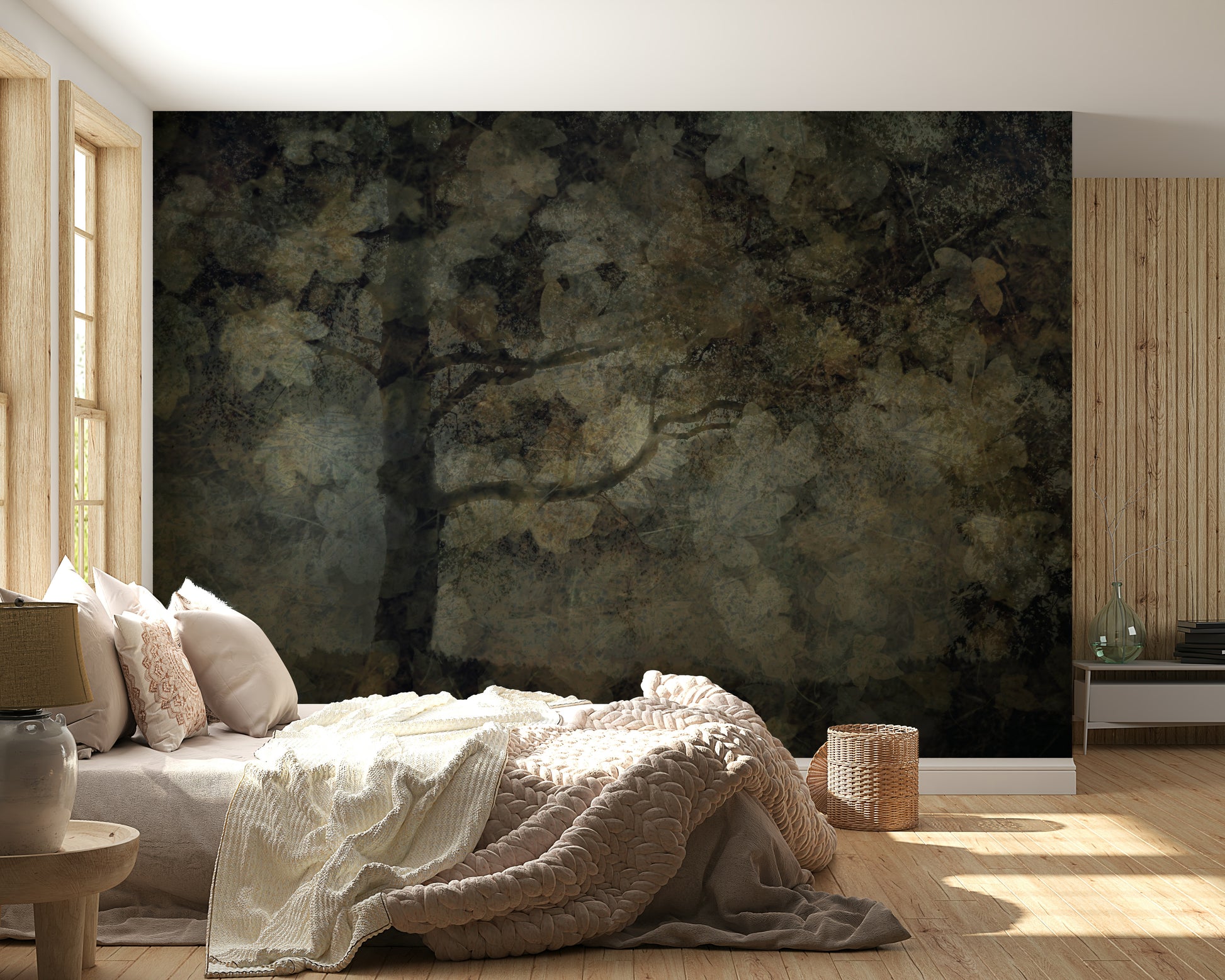 A graceful subtle leaf wall mural in cool, natural tones.