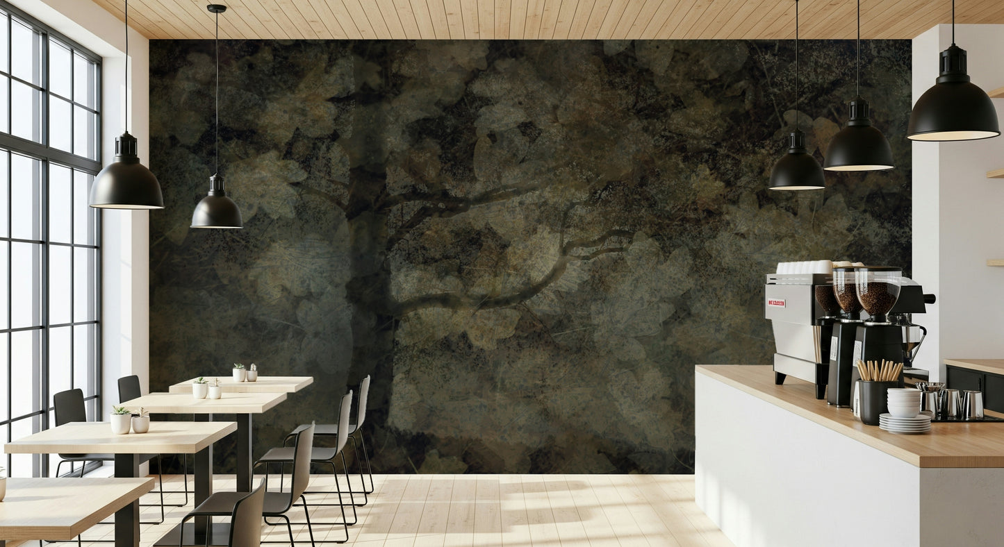 A peaceful woodland vista mural on decorative wallpaper.