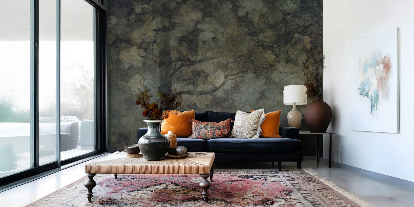 A beautiful wide-angle wall mural of a misty wood.