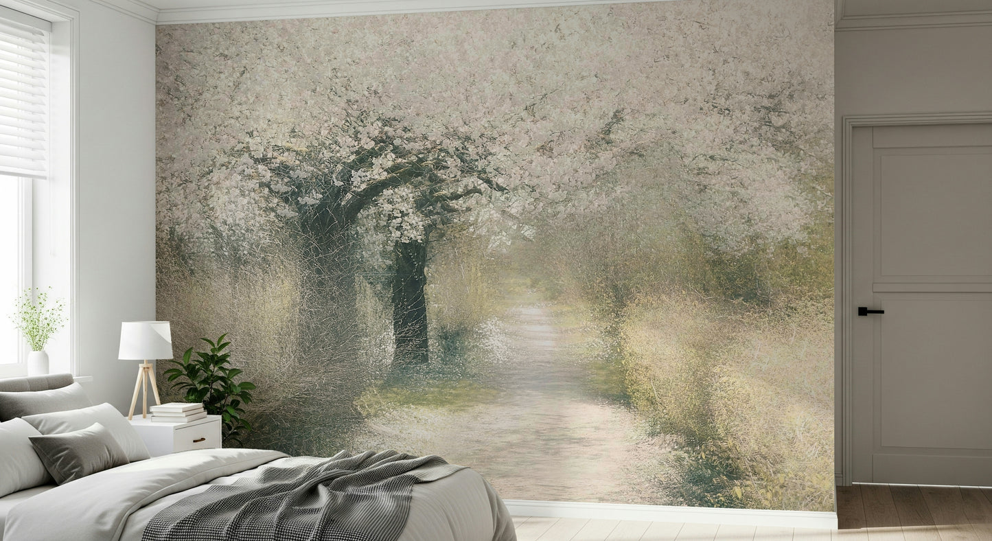 A graceful subtle flower wall mural in soft, elegant tones.