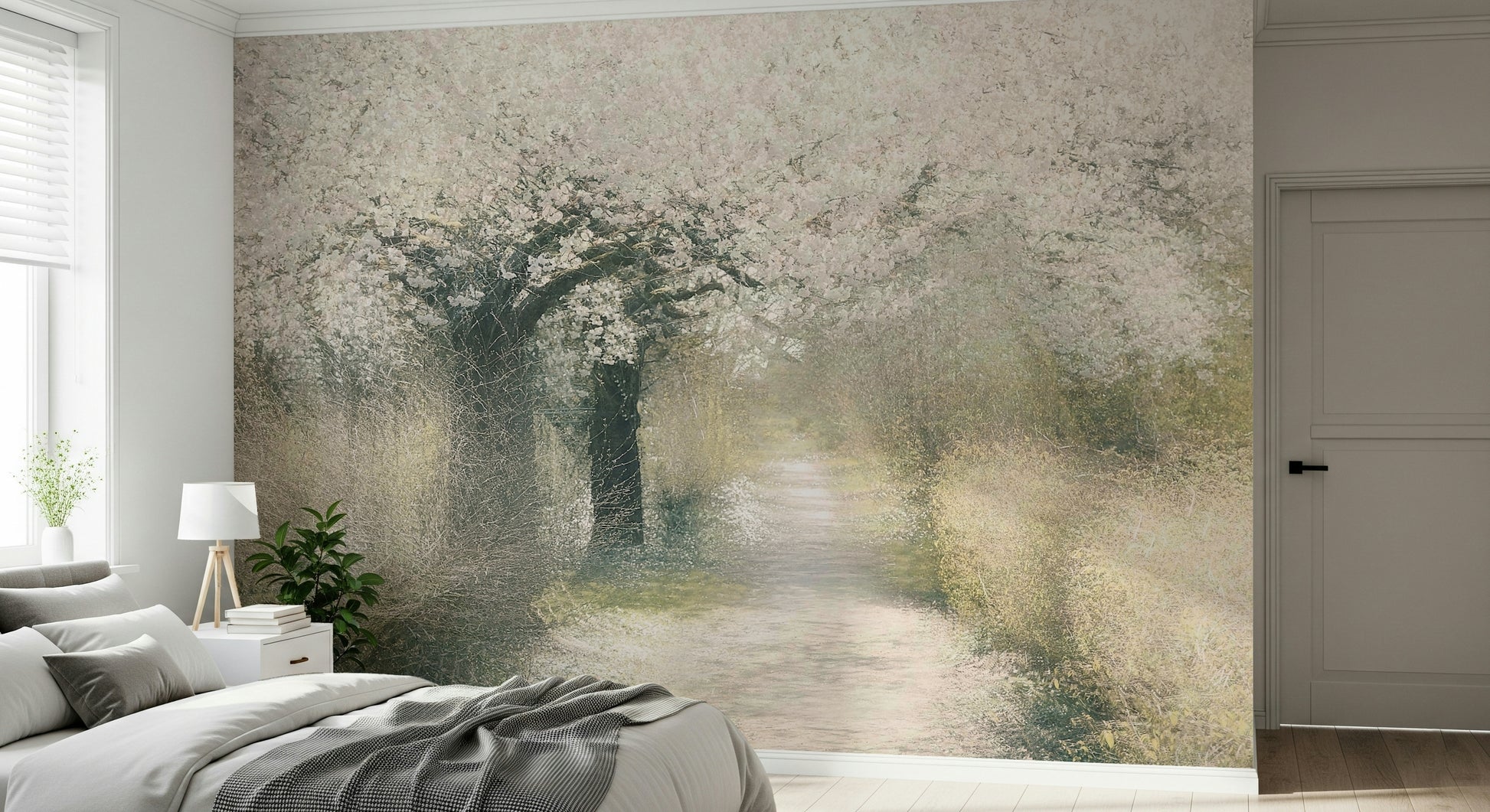 A graceful subtle flower wall mural in soft, elegant tones.