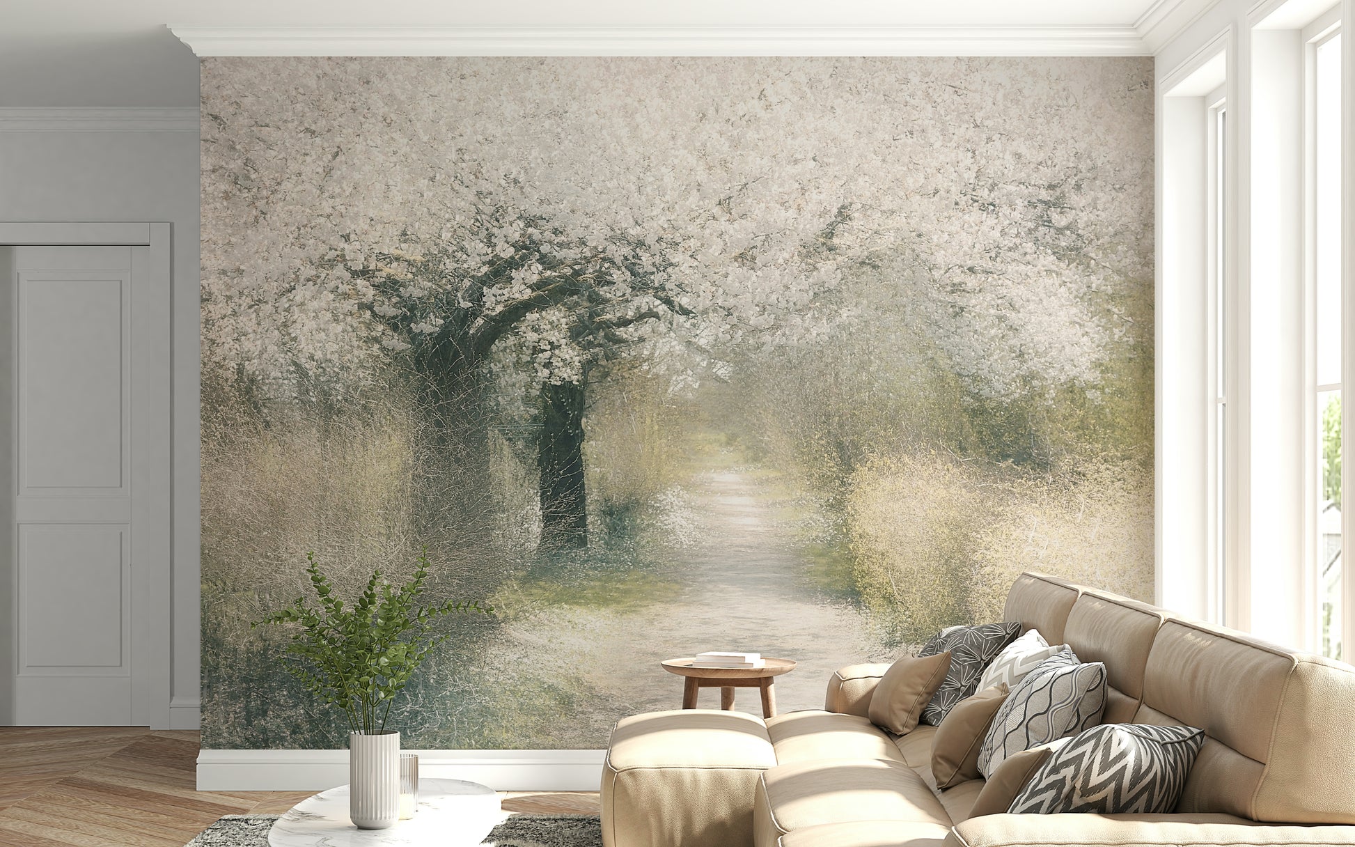 A beautiful subtle floral wallpaper mural with a winding blossom trail.