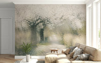 A beautiful subtle floral wallpaper mural with a winding blossom trail.
