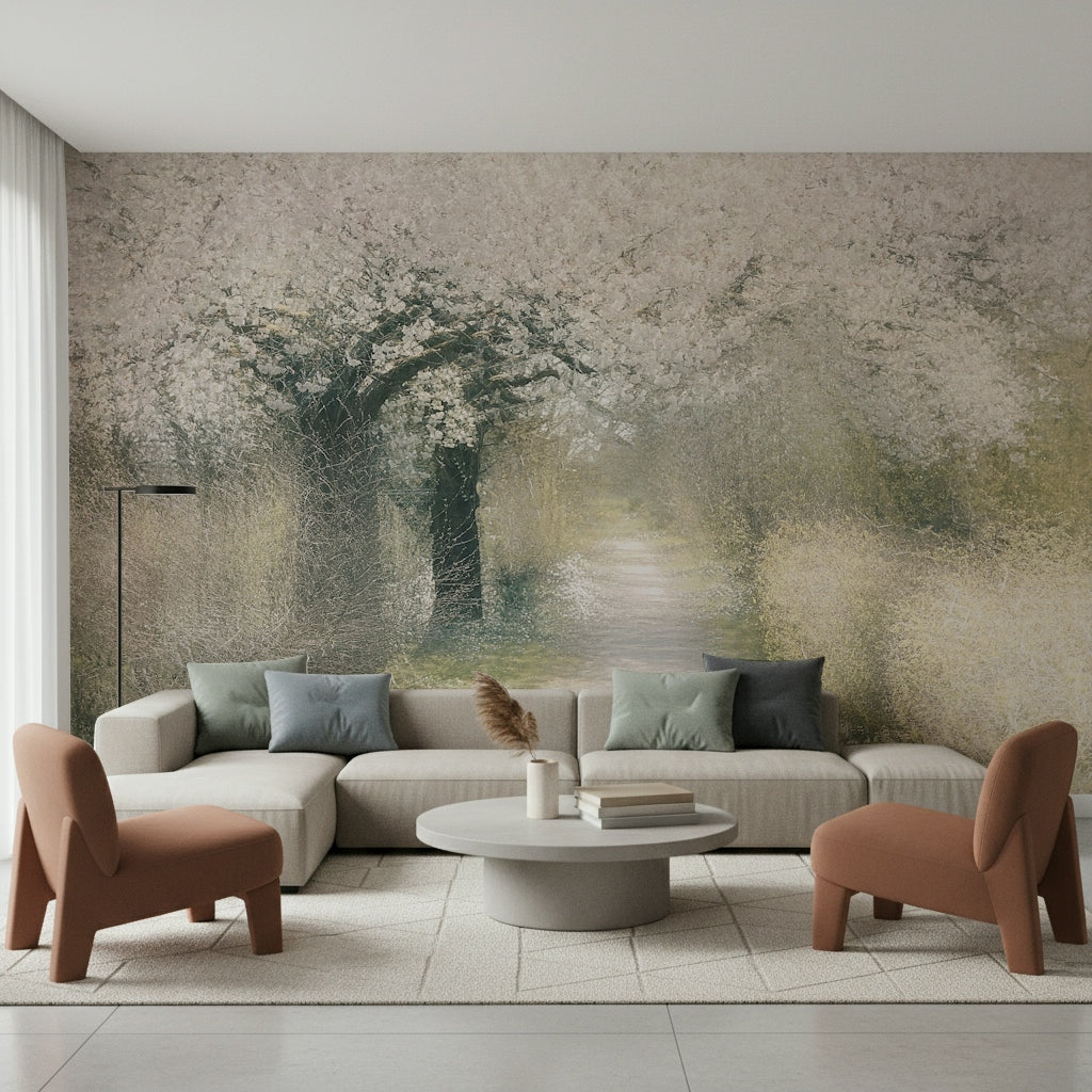 A peaceful flower design mural on decorative wallpaper.