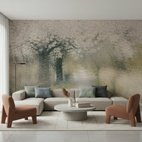 A peaceful flower design mural on decorative wallpaper.