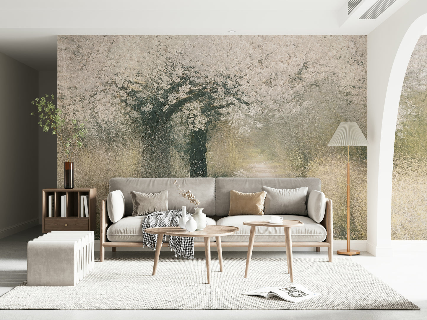 An artistic delicate bloom mural on minimalist wallpaper.