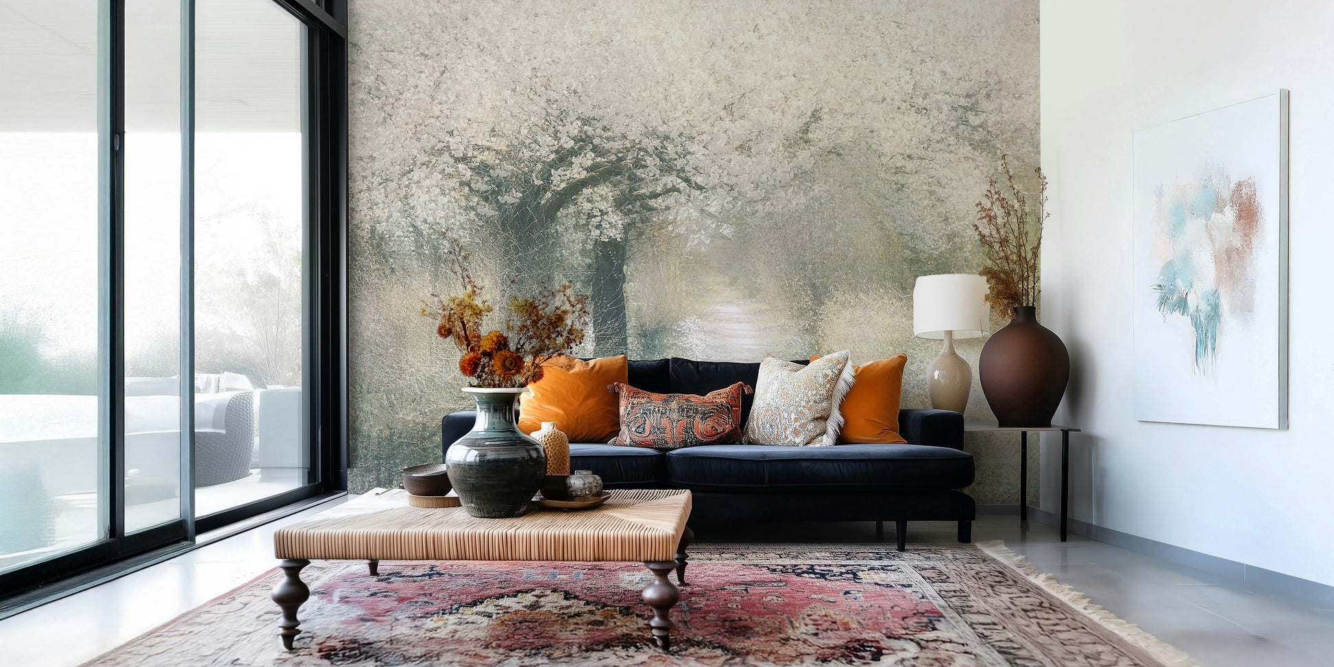 A calming floral design wallpaper mural that defines a space.