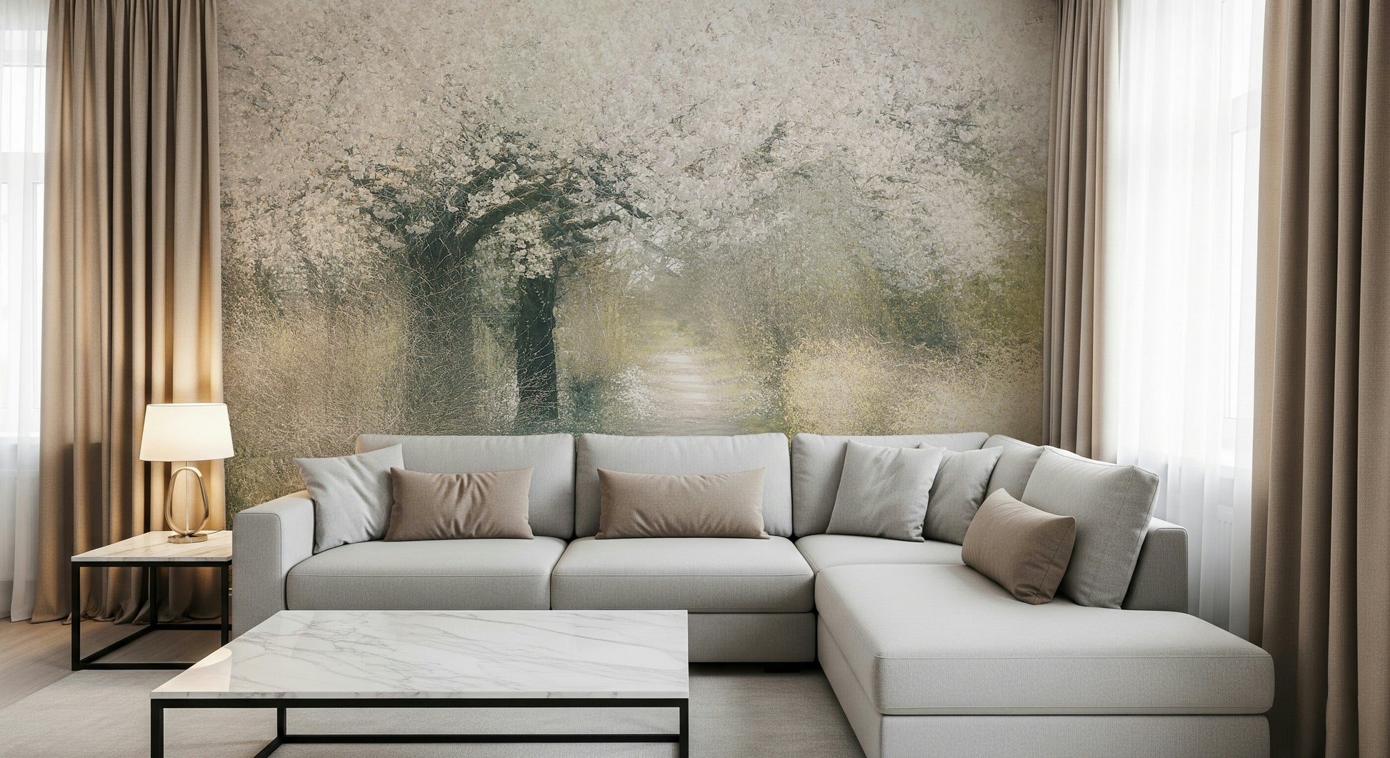 A contemplative floral pattern wallpaper mural for a feature wall.