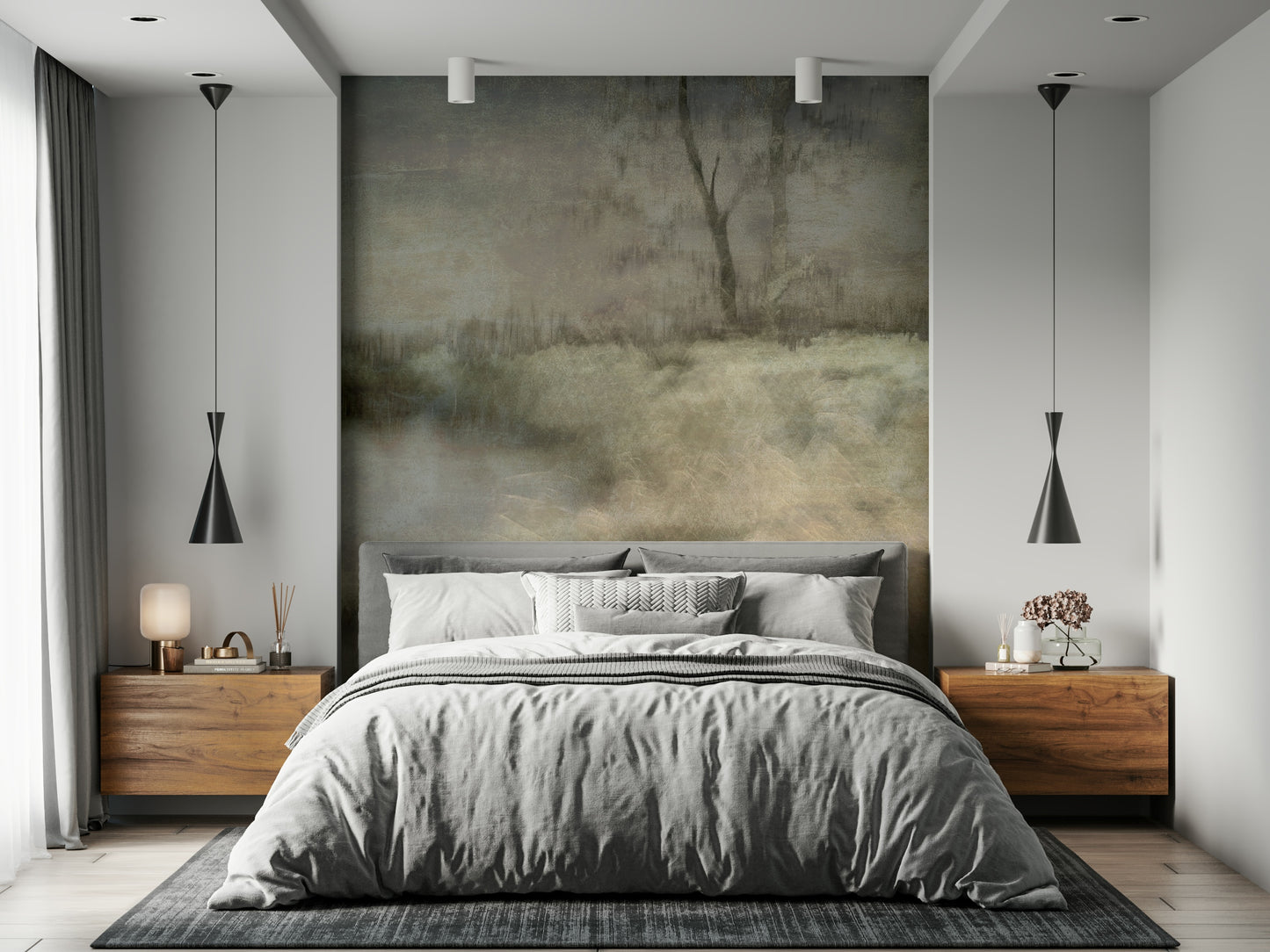 A peaceful open country mural on decorative wallpaper.