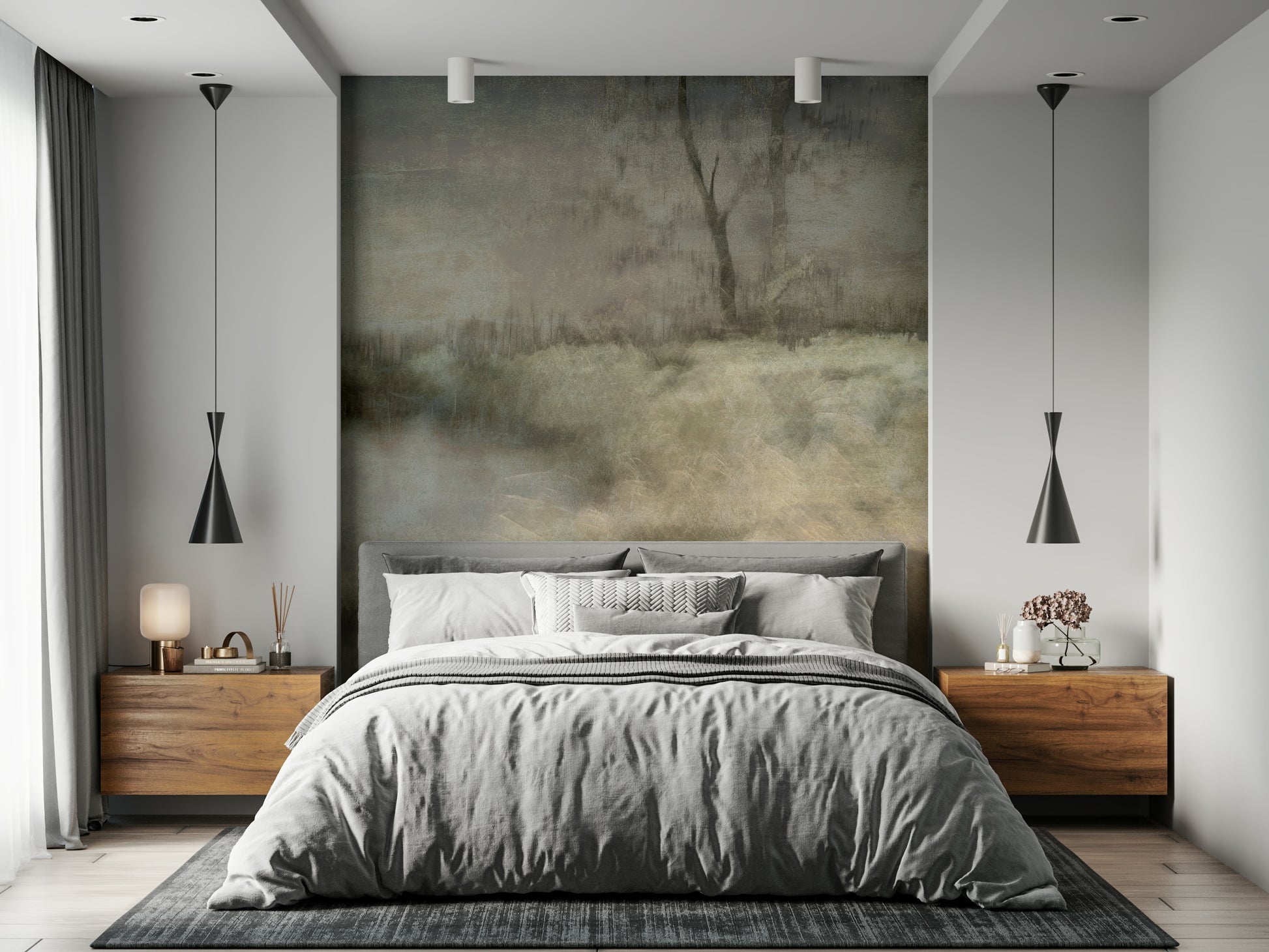 A peaceful open country mural on decorative wallpaper.