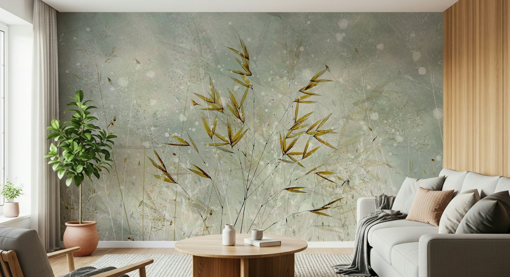 A peaceful modern abstract mural on decorative wallpaper.