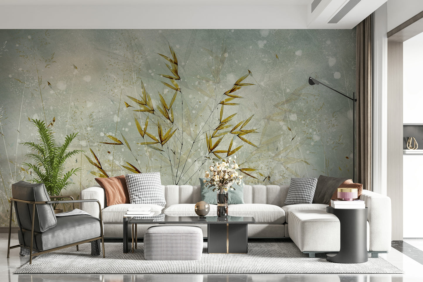 A graceful subtle pattern wall mural in cool, neutral tones.