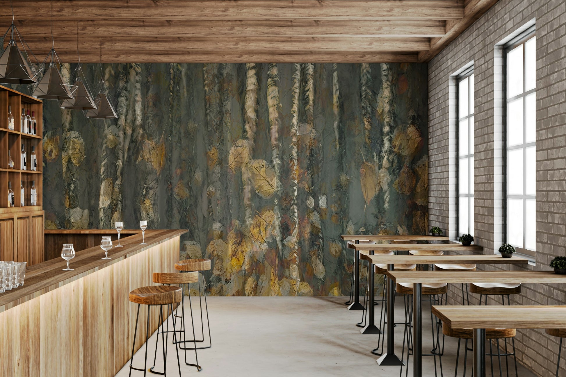 A calming serene forest wallpaper mural that defines a space.