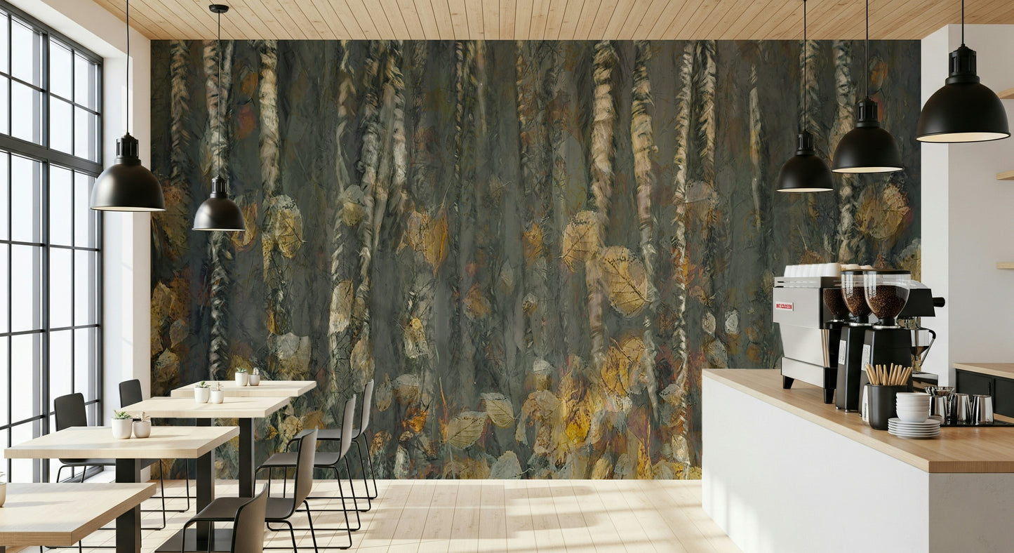 An artistic changing leaves mural on scenic wallpaper.