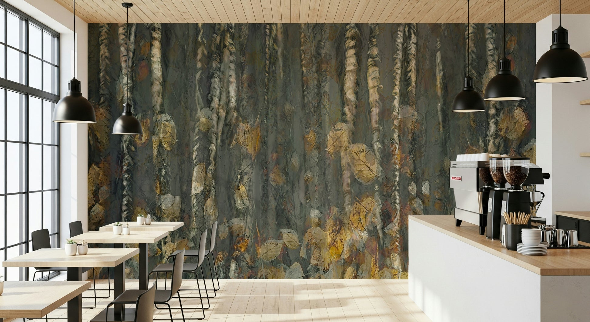 An artistic changing leaves mural on scenic wallpaper.