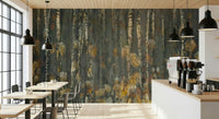 An artistic changing leaves mural on scenic wallpaper.
