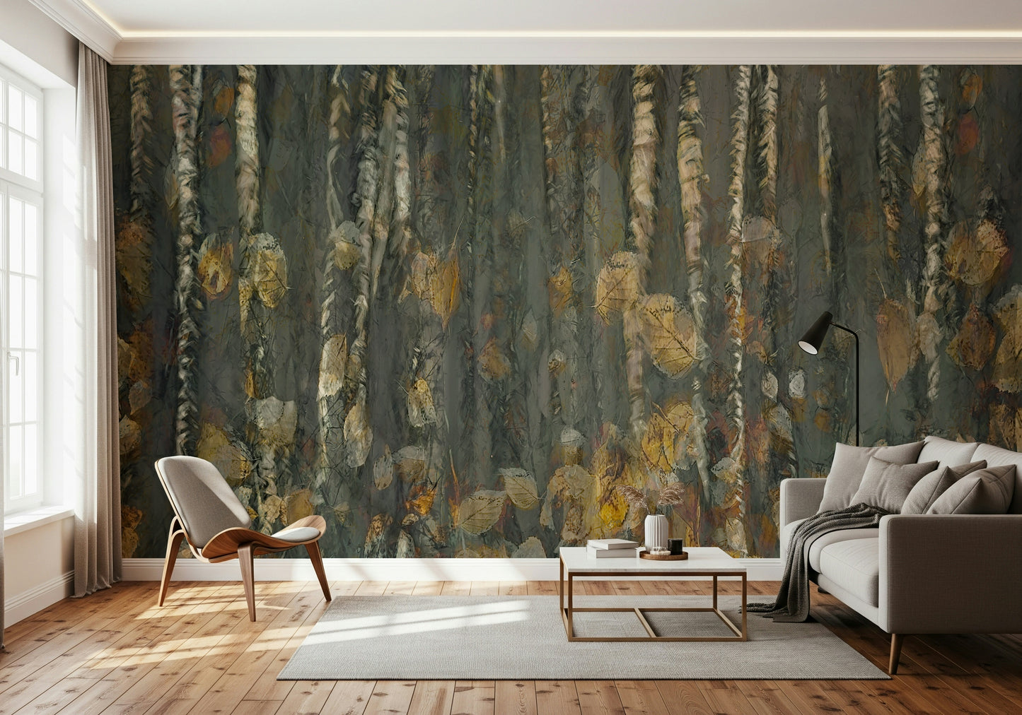 A peaceful woodland vista mural on decorative wallpaper.