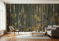 A peaceful woodland vista mural on decorative wallpaper.