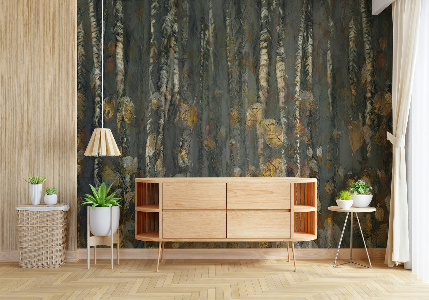 A contemplative misty forest wallpaper mural for a feature wall.