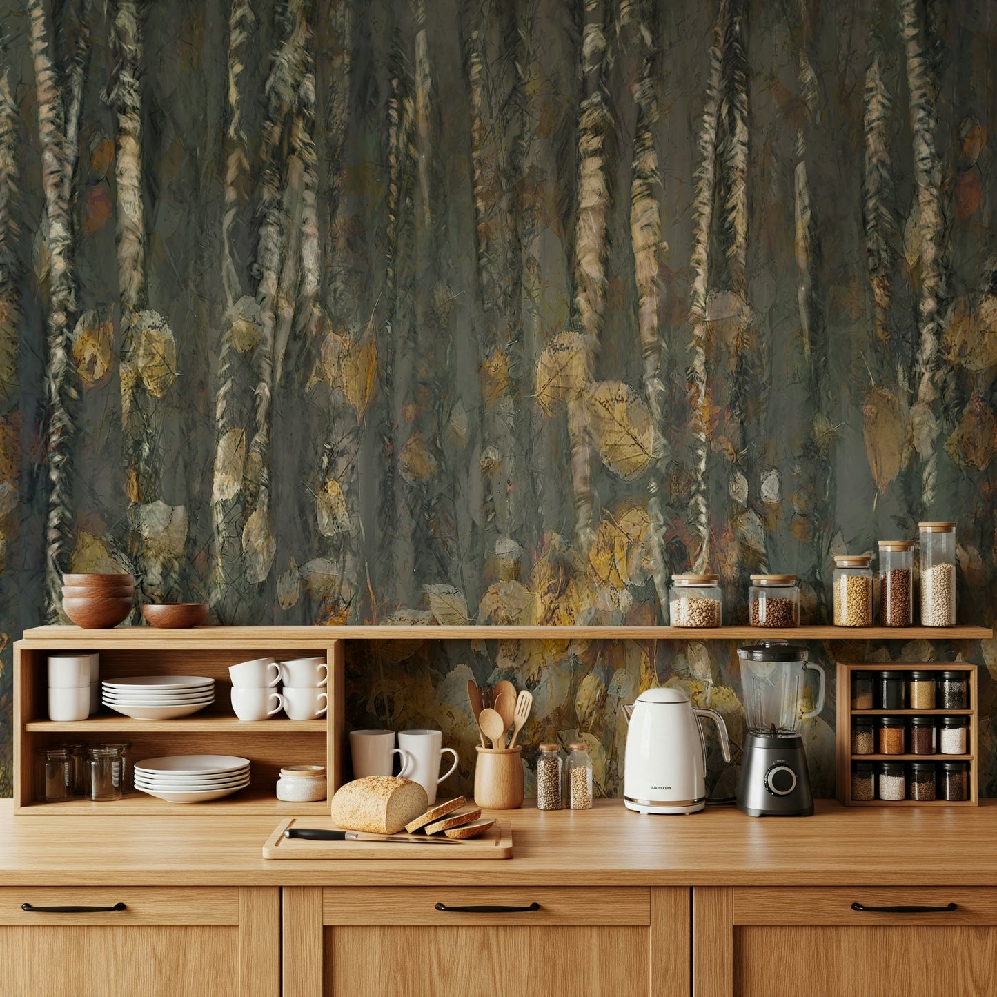 A graceful subtle leaf wall mural in warm, orange and red tones.