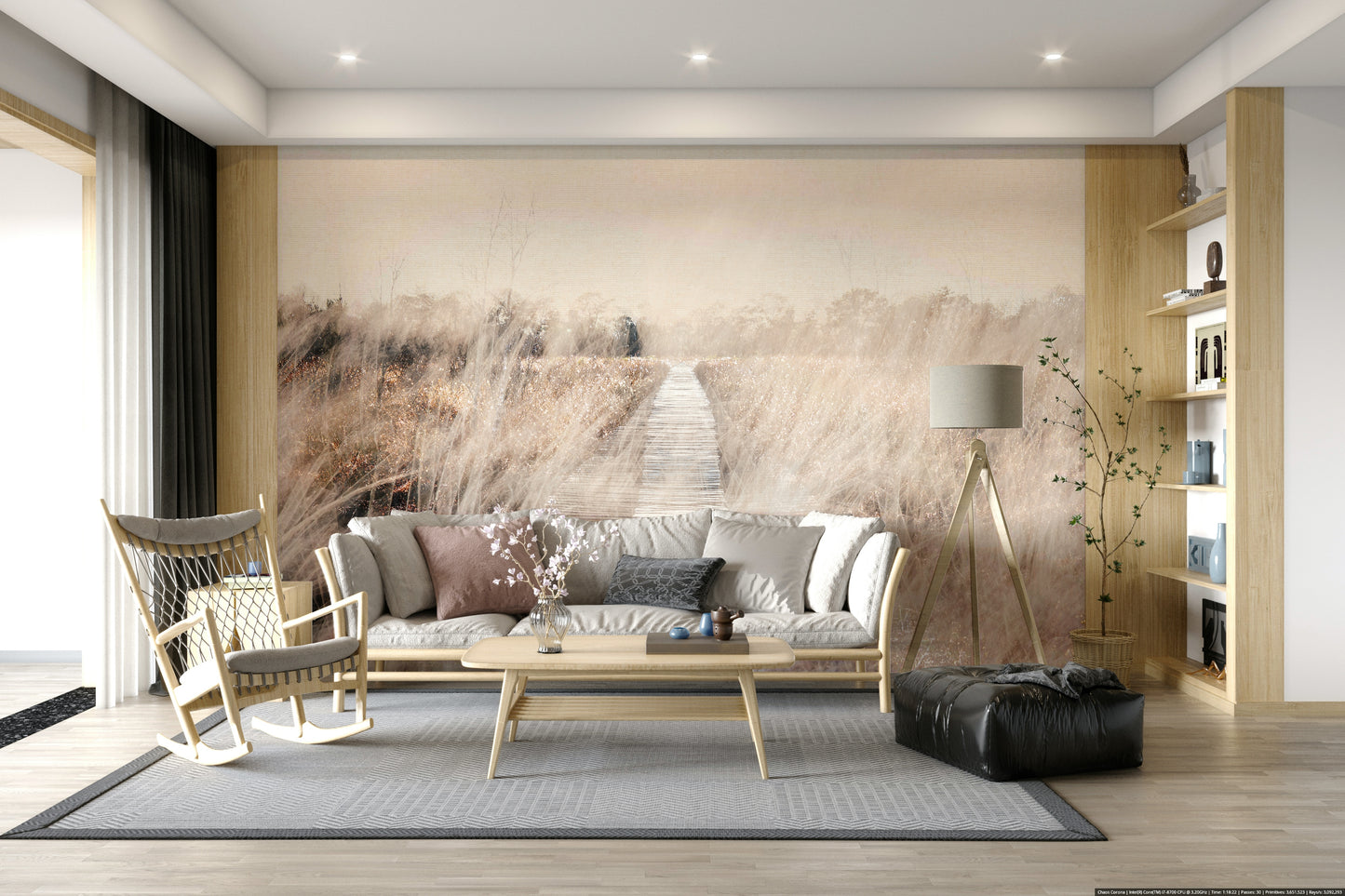 A calming serene view wallpaper mural that defines a space.