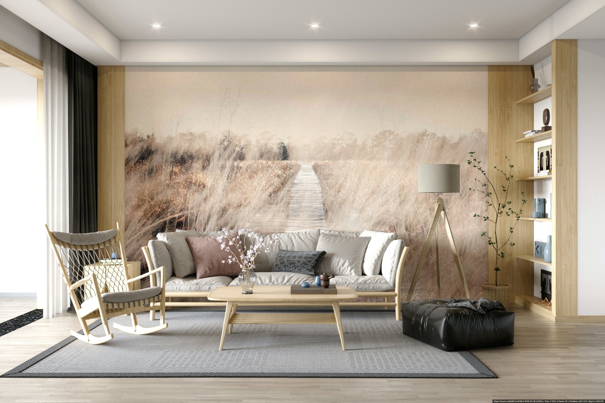 A calming serene view wallpaper mural that defines a space.