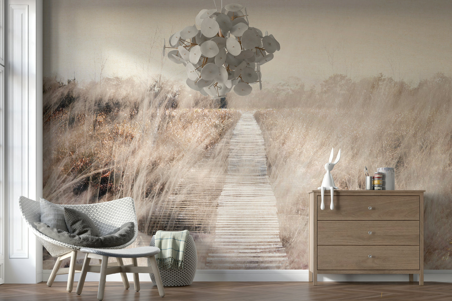 A beautiful serene marsh path wallpaper mural for a modern home.