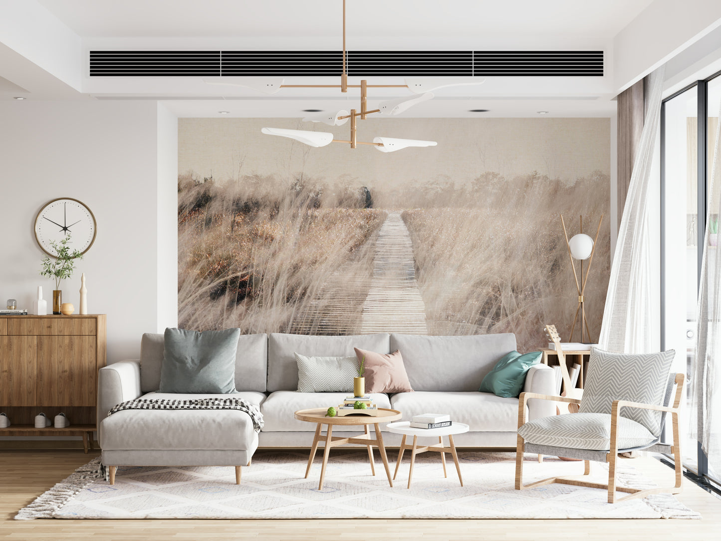 A peaceful open country mural on decorative wallpaper.